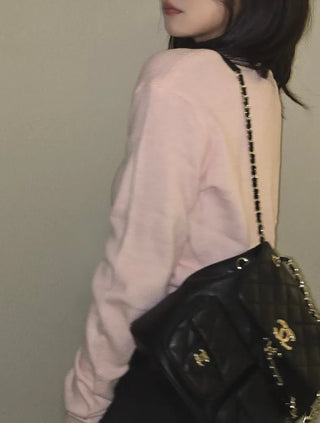 Sweat Pearl Button V-Neck Volume Sleeve Knit Cardigan