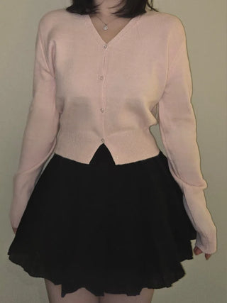 Sweat Pearl Button V-Neck Volume Sleeve Knit Cardigan