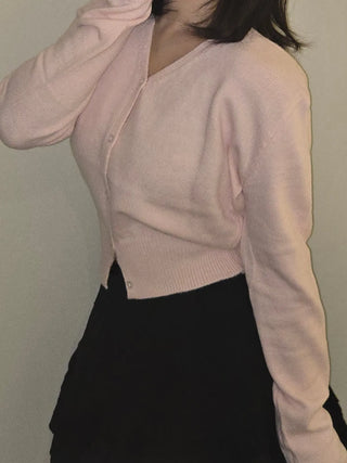Sweat Pearl Button V-Neck Volume Sleeve Knit Cardigan