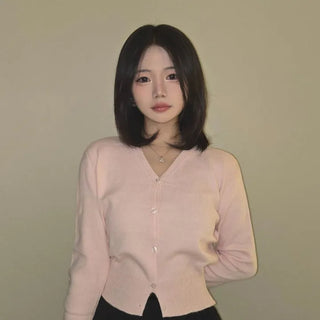 Sweat Pearl Button V-Neck Volume Sleeve Knit Cardigan