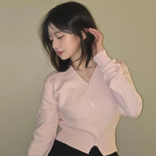 Sweat Pearl Button V-Neck Volume Sleeve Knit Cardigan