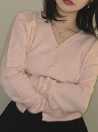 Sweat Pearl Button V-Neck Volume Sleeve Knit Cardigan