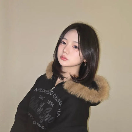 Vintage Washed Lettering Fur Hooded Zip-Up