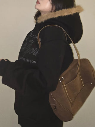 Vintage Washed Lettering Fur Hooded Zip-Up