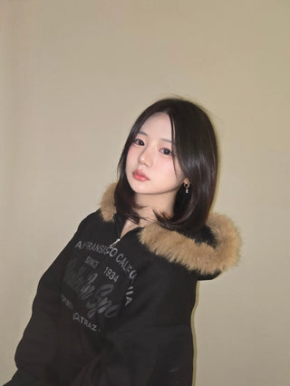 Vintage Washed Lettering Fur Hooded Zip-Up