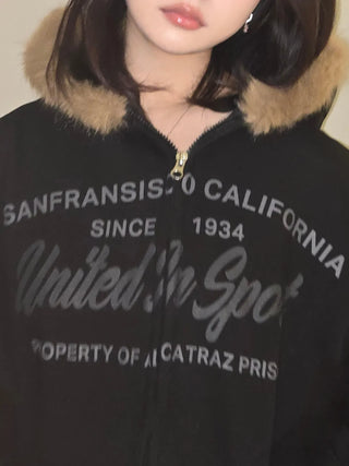Vintage Washed Lettering Fur Hooded Zip-Up