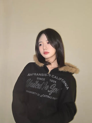 Vintage Washed Lettering Fur Hooded Zip-Up