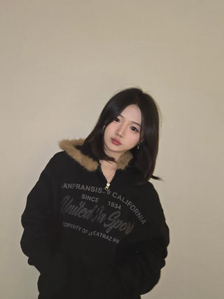 Vintage Washed Lettering Fur Hooded Zip-Up