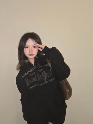 Vintage Washed Lettering Fur Hooded Zip-Up