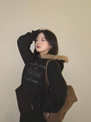 Vintage Washed Lettering Fur Hooded Zip-Up