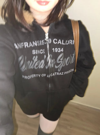 Vintage Washed Lettering Fur Hooded Zip-Up