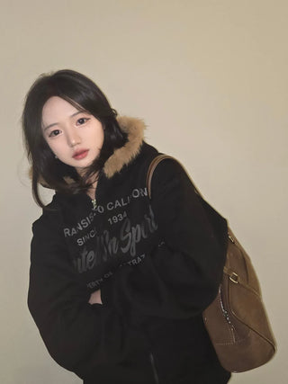 Vintage Washed Lettering Fur Hooded Zip-Up