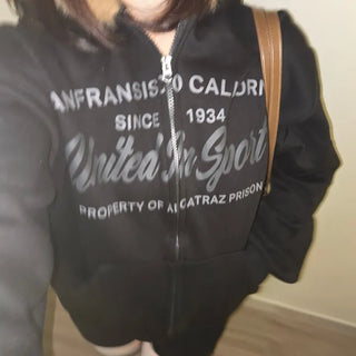 Vintage Washed Lettering Fur Hooded Zip-Up