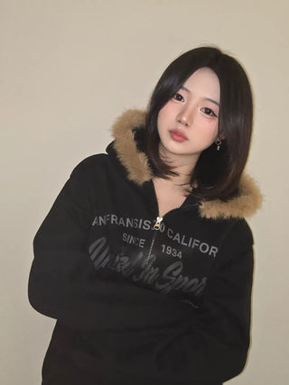 Vintage Washed Lettering Fur Hooded Zip-Up