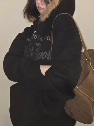 Vintage Washed Lettering Fur Hooded Zip-Up