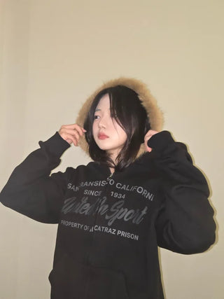 Vintage Washed Lettering Fur Hooded Zip-Up