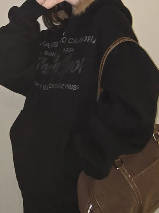 Vintage Washed Lettering Fur Hooded Zip-Up