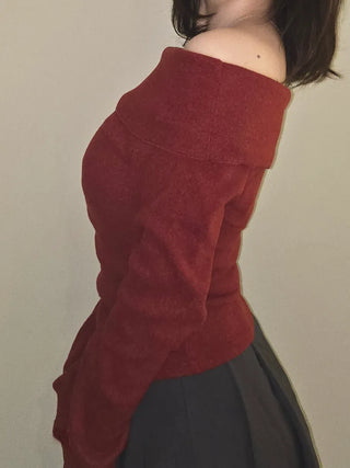 Romantic Foldover Wide Neck Slim Fit Long Sleeve T-shirt