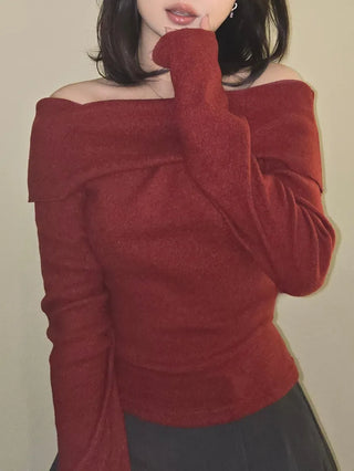 Romantic Foldover Wide Neck Slim Fit Long Sleeve T-shirt
