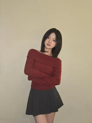 Romantic Foldover Wide Neck Slim Fit Long Sleeve T-shirt