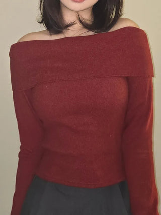 Romantic Foldover Wide Neck Slim Fit Long Sleeve T-shirt