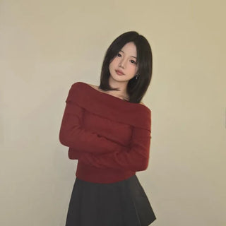 Romantic Foldover Wide Neck Slim Fit Long Sleeve T-shirt
