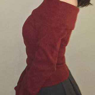 Romantic Foldover Wide Neck Slim Fit Long Sleeve T-shirt