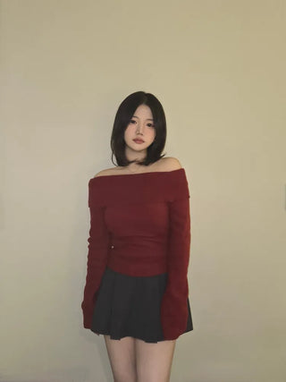 Romantic Foldover Wide Neck Slim Fit Long Sleeve T-shirt