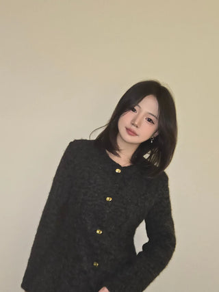Heathered Wool Texture Single Button Slim Dress