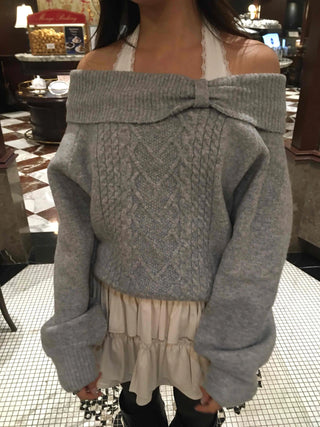 Romantic Collar Collab Off-Shoulder Cable Knit