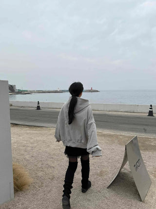Layered Shoulder Drop Wide Zip-Up Hoodie