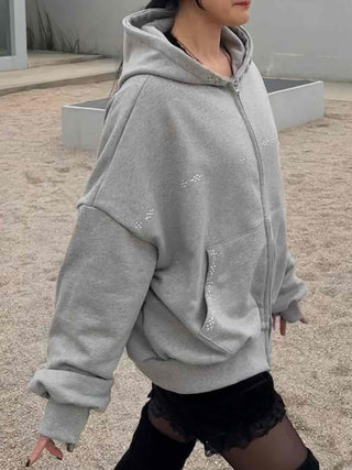 Layered Shoulder Drop Wide Zip-Up Hoodie