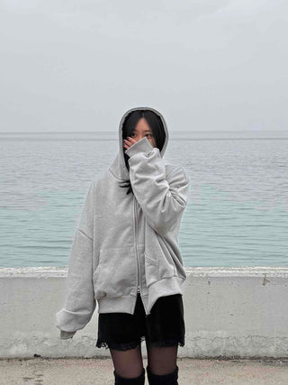 Layered Shoulder Drop Wide Zip-Up Hoodie