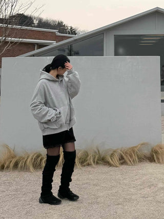 Layered Shoulder Drop Wide Zip-Up Hoodie