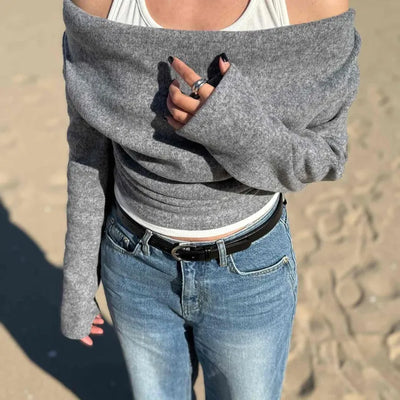 Off-shoulder Layered Thumbhole Crop Long Sleeve Tee