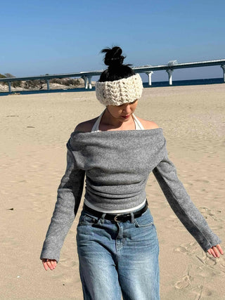 Off-shoulder Layered Thumbhole Crop Long Sleeve Tee