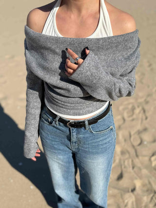 Off-shoulder Layered Thumbhole Crop Long Sleeve Tee