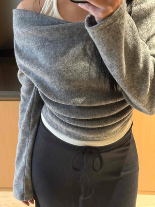 Off-shoulder Layered Thumbhole Crop Long Sleeve Tee