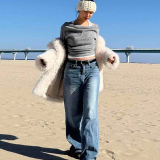 Off-shoulder Layered Thumbhole Crop Long Sleeve Tee