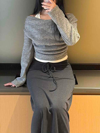 Off-shoulder Layered Thumbhole Crop Long Sleeve Tee