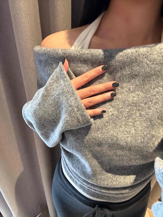 Off-shoulder Layered Thumbhole Crop Long Sleeve Tee