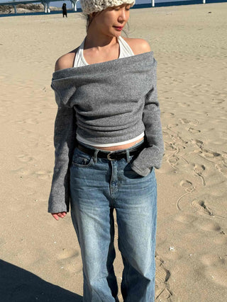 Off-shoulder Layered Thumbhole Crop Long Sleeve Tee
