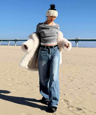 Off-shoulder Layered Thumbhole Crop Long Sleeve Tee