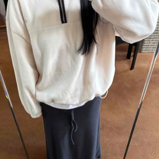 Hooded Drawstring Balloon Sleeve Loose Fit Sweatshirt