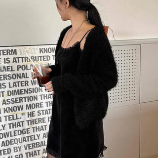 Fuzzy Shaggy Deep V-Neck Long Cardigan