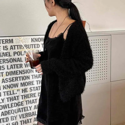 Fuzzy Shaggy Deep V-Neck Long Cardigan