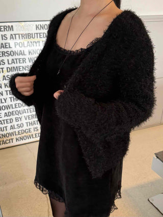Fuzzy Shaggy Deep V-Neck Long Cardigan