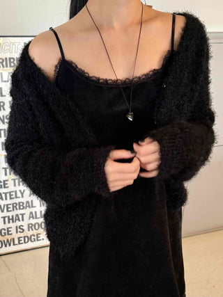 Fuzzy Shaggy Deep V-Neck Long Cardigan