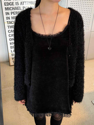 Fuzzy Shaggy Deep V-Neck Long Cardigan
