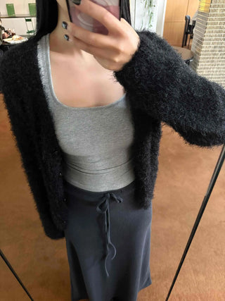 Fuzzy Shaggy Deep V-Neck Long Cardigan